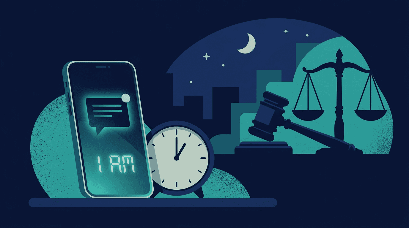 Celular exibindo uma mensagem recebida de madrugada ao lado de um relógio e de uma balança da justiça, representando o atendimento urgente em direito criminal
