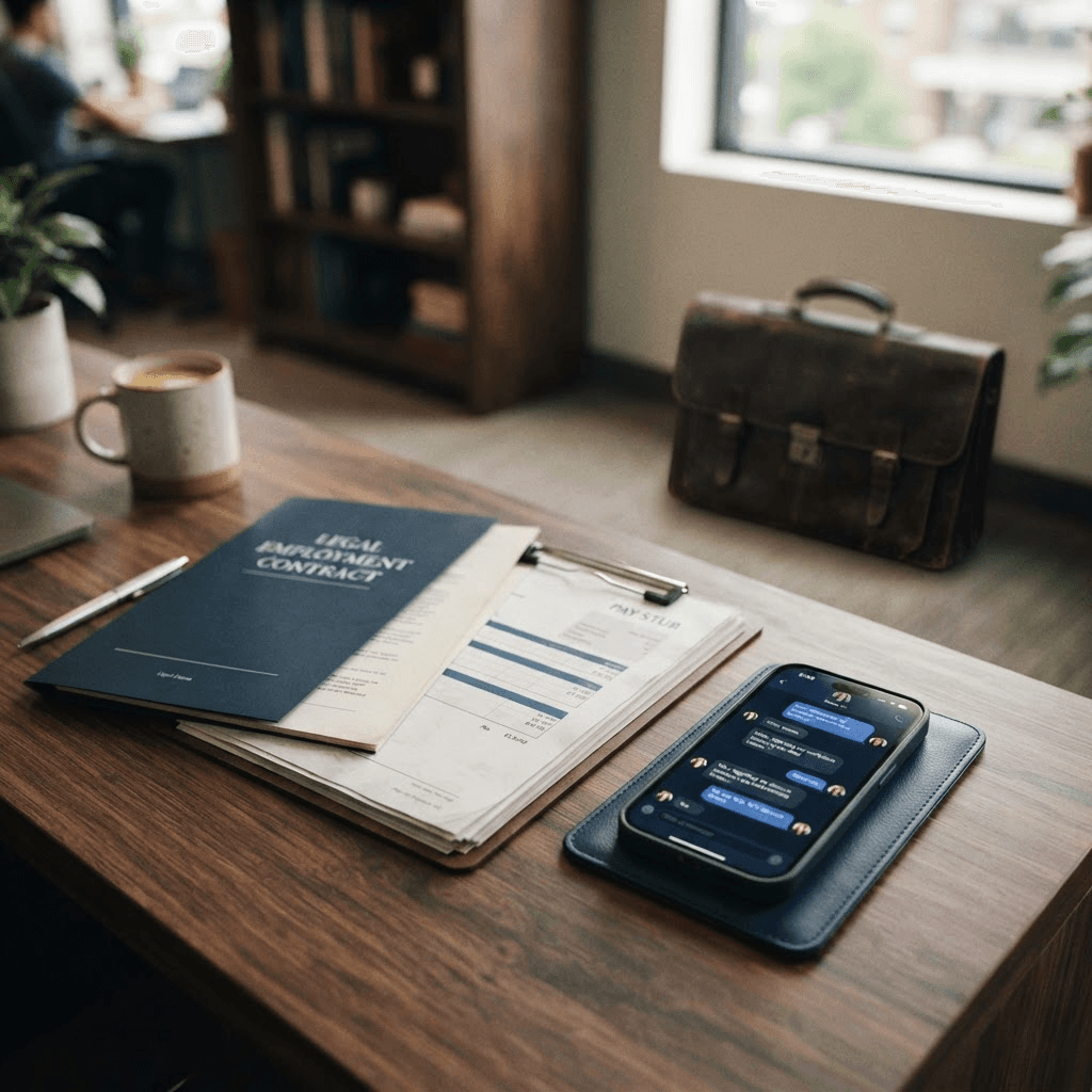 Contrato de trabalho e holerite sobre uma mesa ao lado de um smartphone com uma conversa, simbolizando a captação de clientes de direito trabalhista