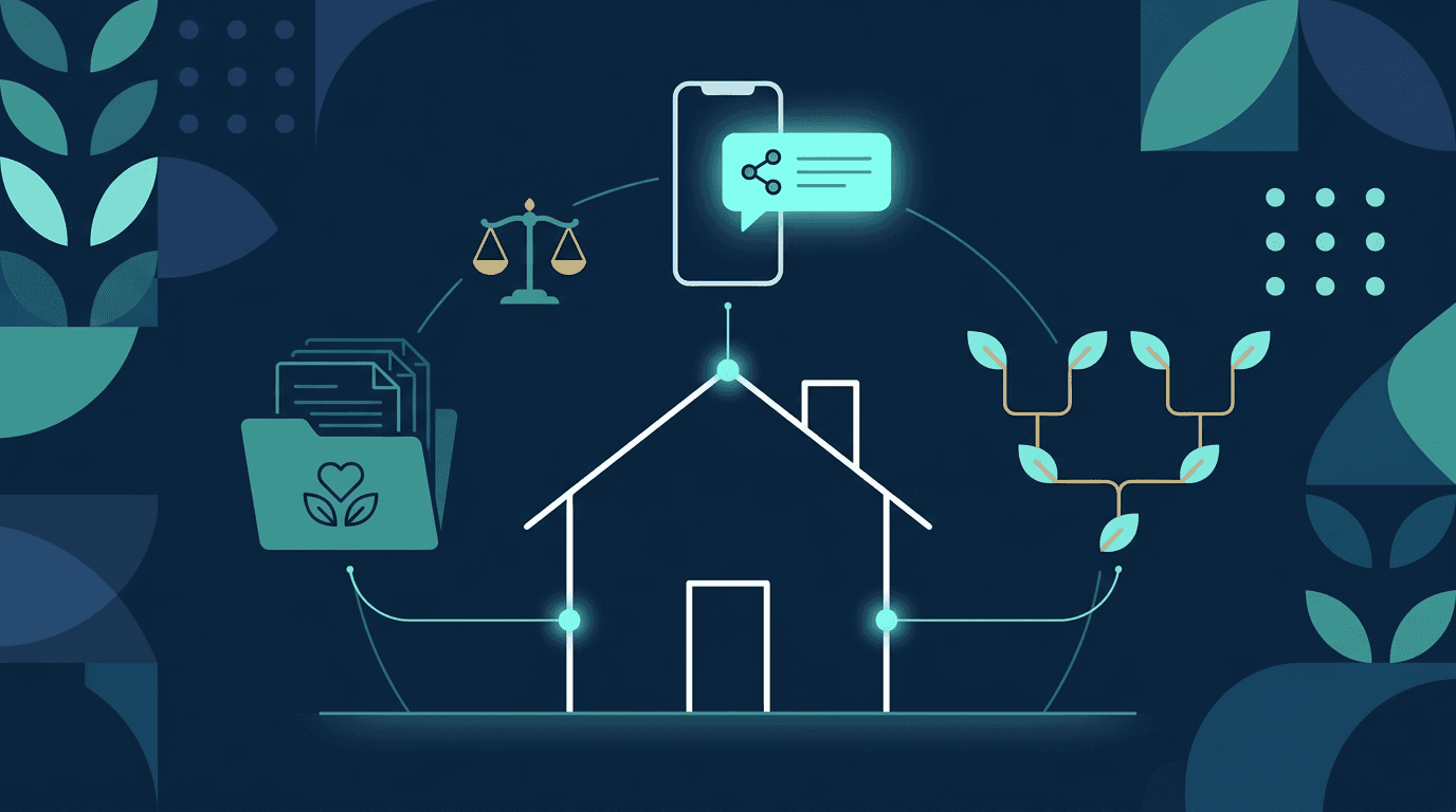 Casa, pasta de documentos e árvore genealógica ligadas por linhas finas ao lado de um celular com conversa, representando o atendimento em inventário e sucessões