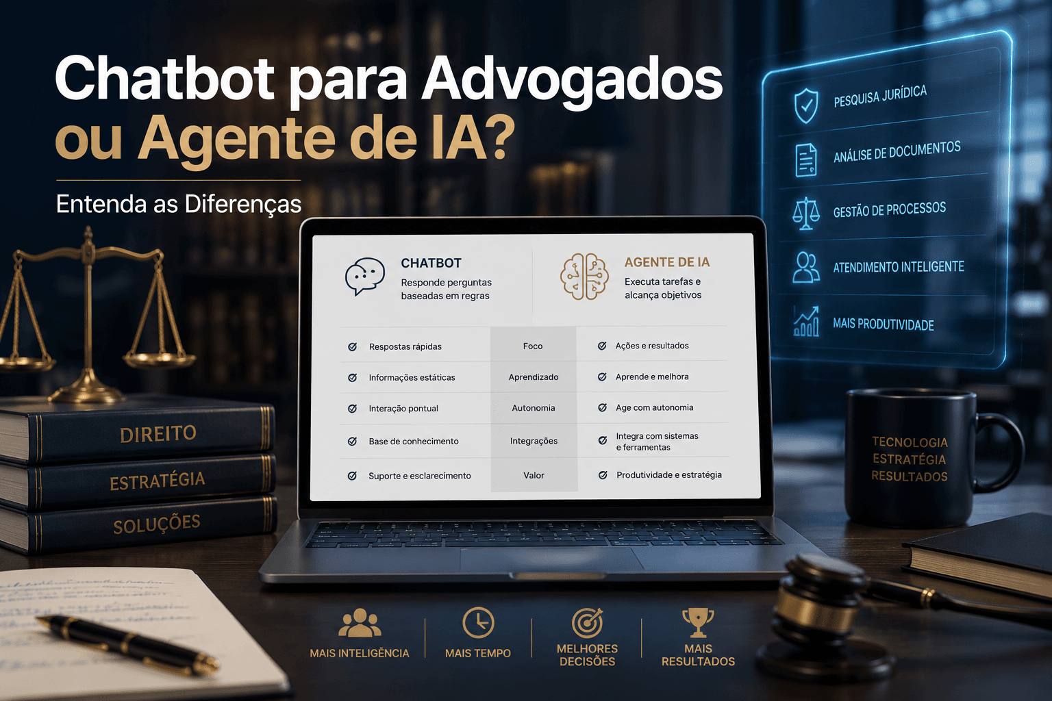 Comparação entre chatbot tradicional e agente de IA para advogados