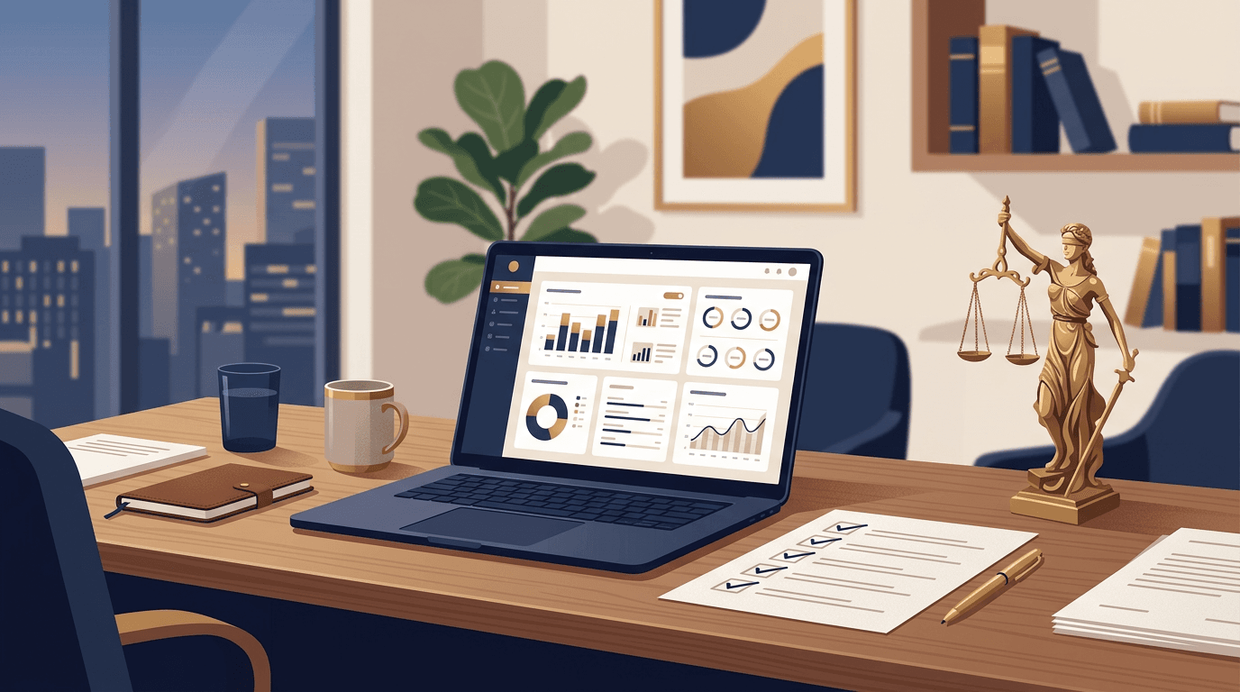 Mesa de advogado com notebook e checklist impresso com itens marcados