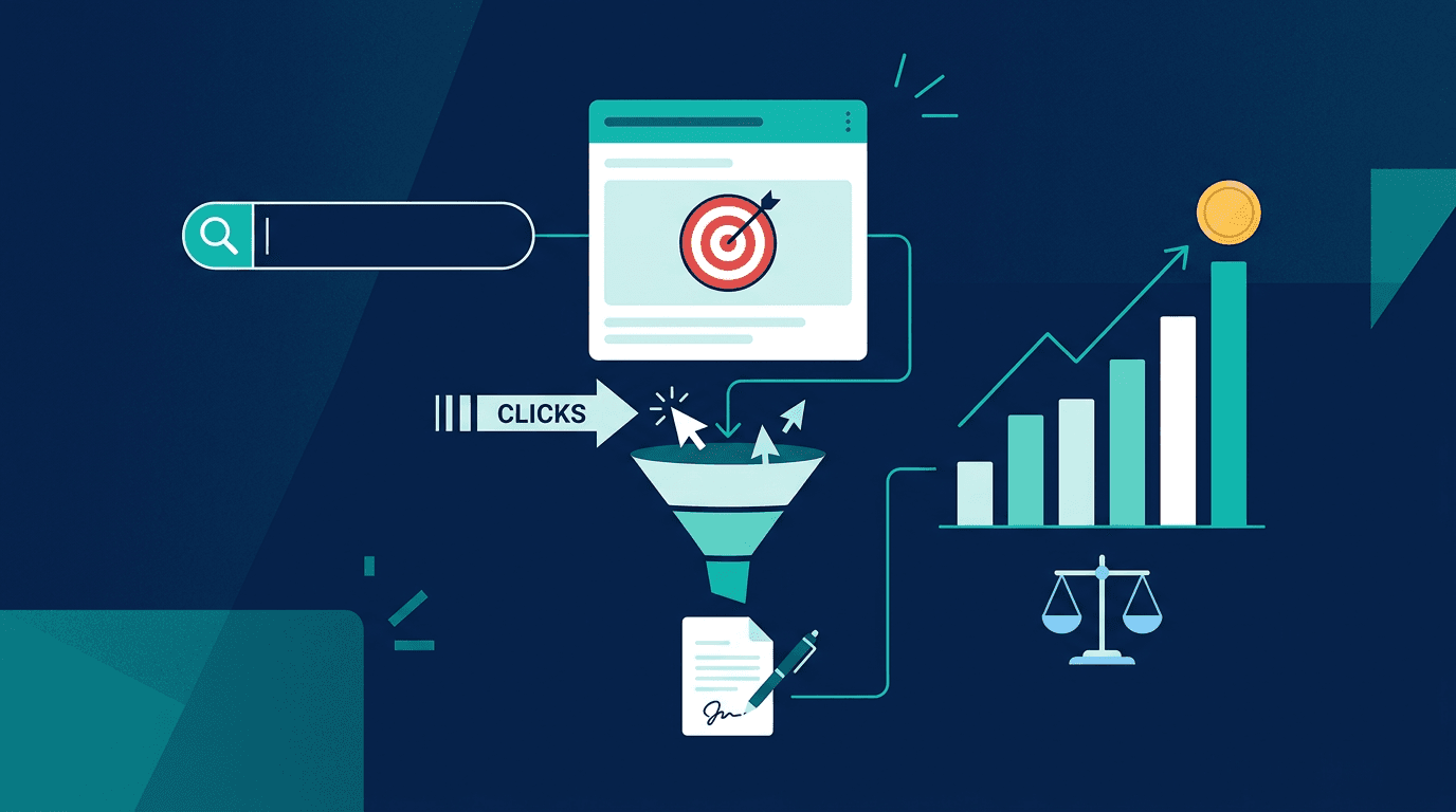 Barra de busca com lupa, anúncio com alvo, funil do clique ao contrato, gráfico de barras com moeda e balança da justiça, representando Google Ads para advogados