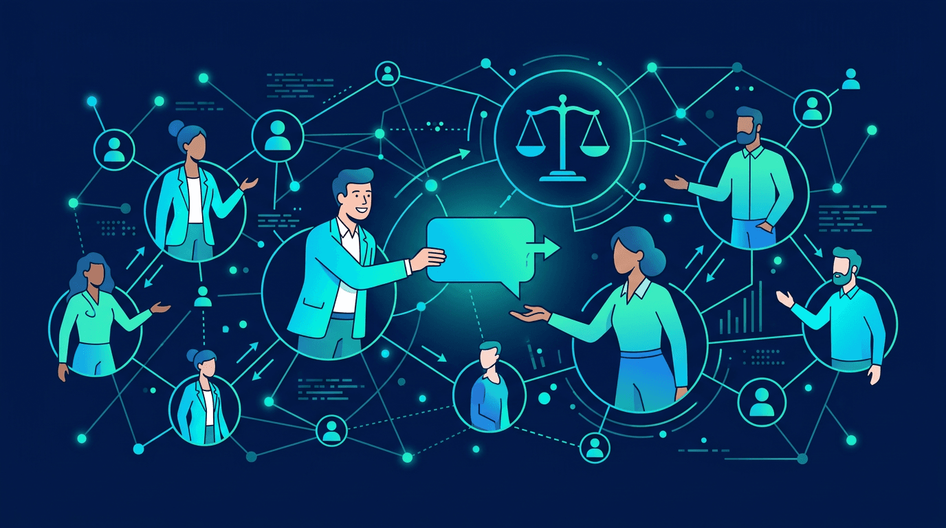 Rede de pessoas conectadas representando indicações de clientes para um escritório de advocacia