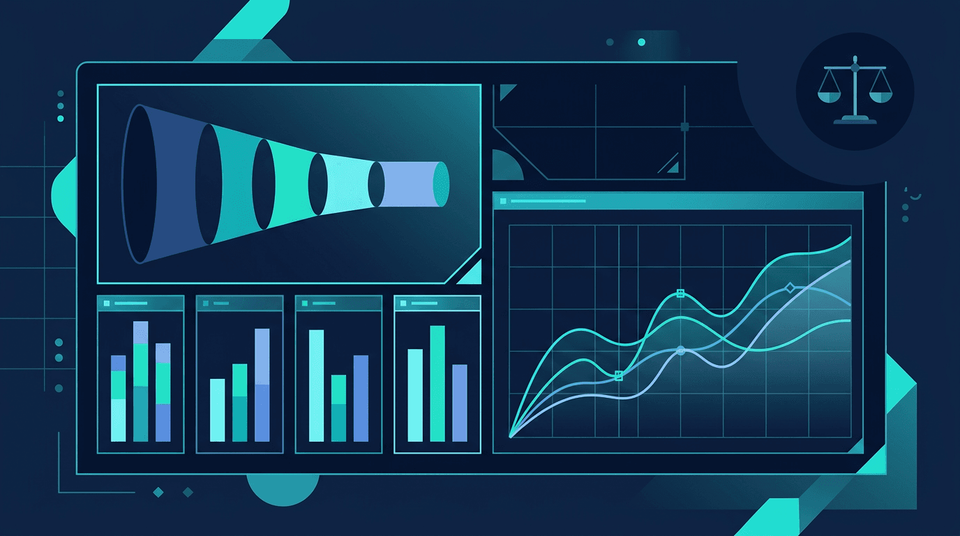 Painel com funil comercial e gráficos de indicadores de um escritório de advocacia