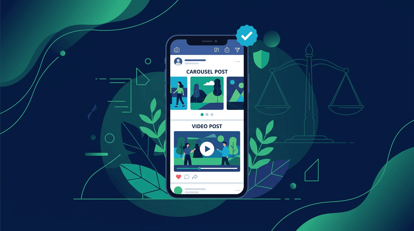 Celular exibindo um feed de rede social com carrossel e botão de vídeo, ao lado de um selo de verificação e um escudo, representando o que o advogado pode publicar