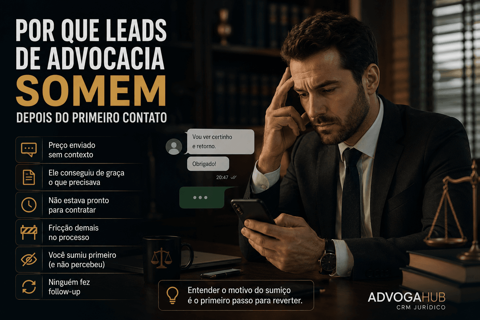 Infográfico com as causas do desaparecimento de leads de advocacia depois do primeiro contato, mostrando conversa de WhatsApp sem resposta e advogado preocupado olhando o celular