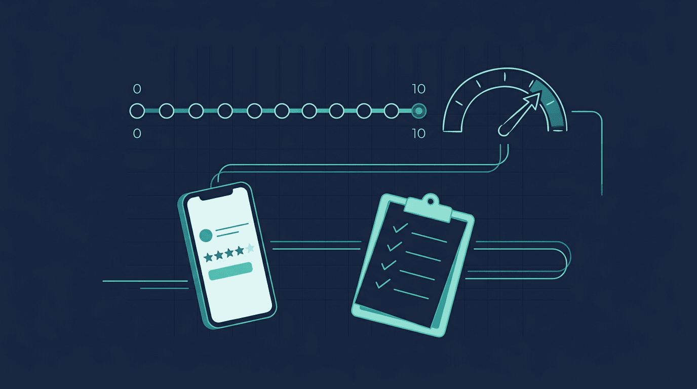 Escala de 0 a 10, medidor de nota e celular com pesquisa de satisfação ligados por linhas finas, representando a medição de satisfação de clientes de um escritório