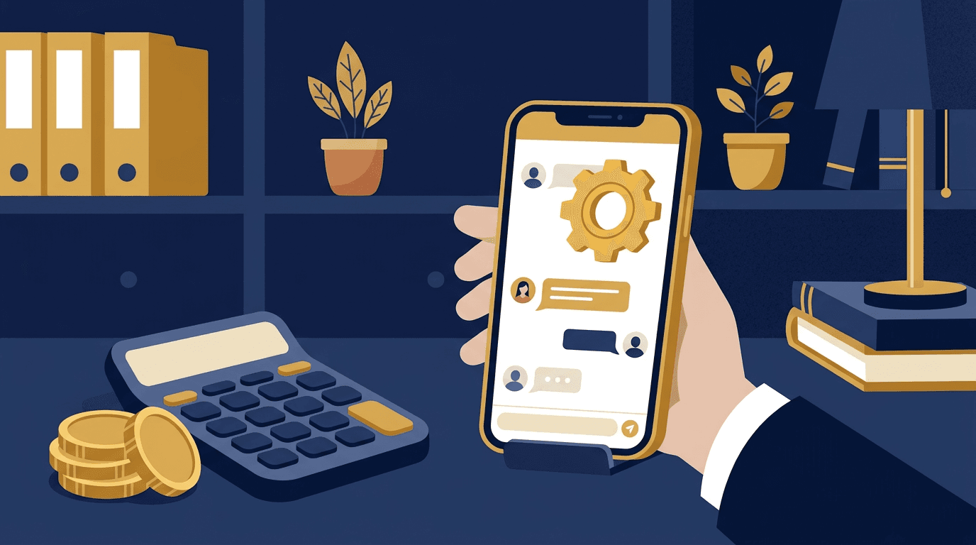 Calculadora, moedas e celular com conversa de WhatsApp representando o custo de automatizar um escritório