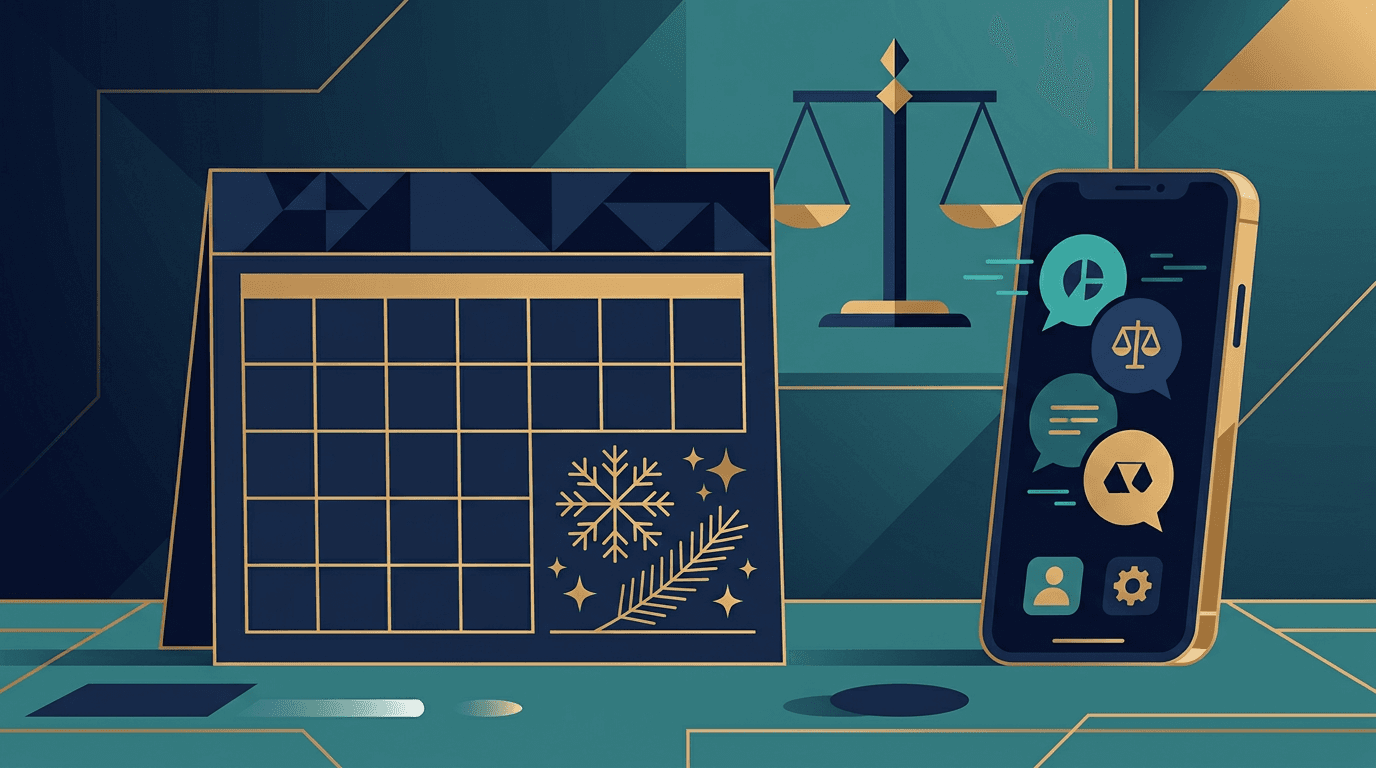 Calendário de fim de ano ao lado de um celular recebendo mensagens, representando o atendimento de leads durante o recesso forense