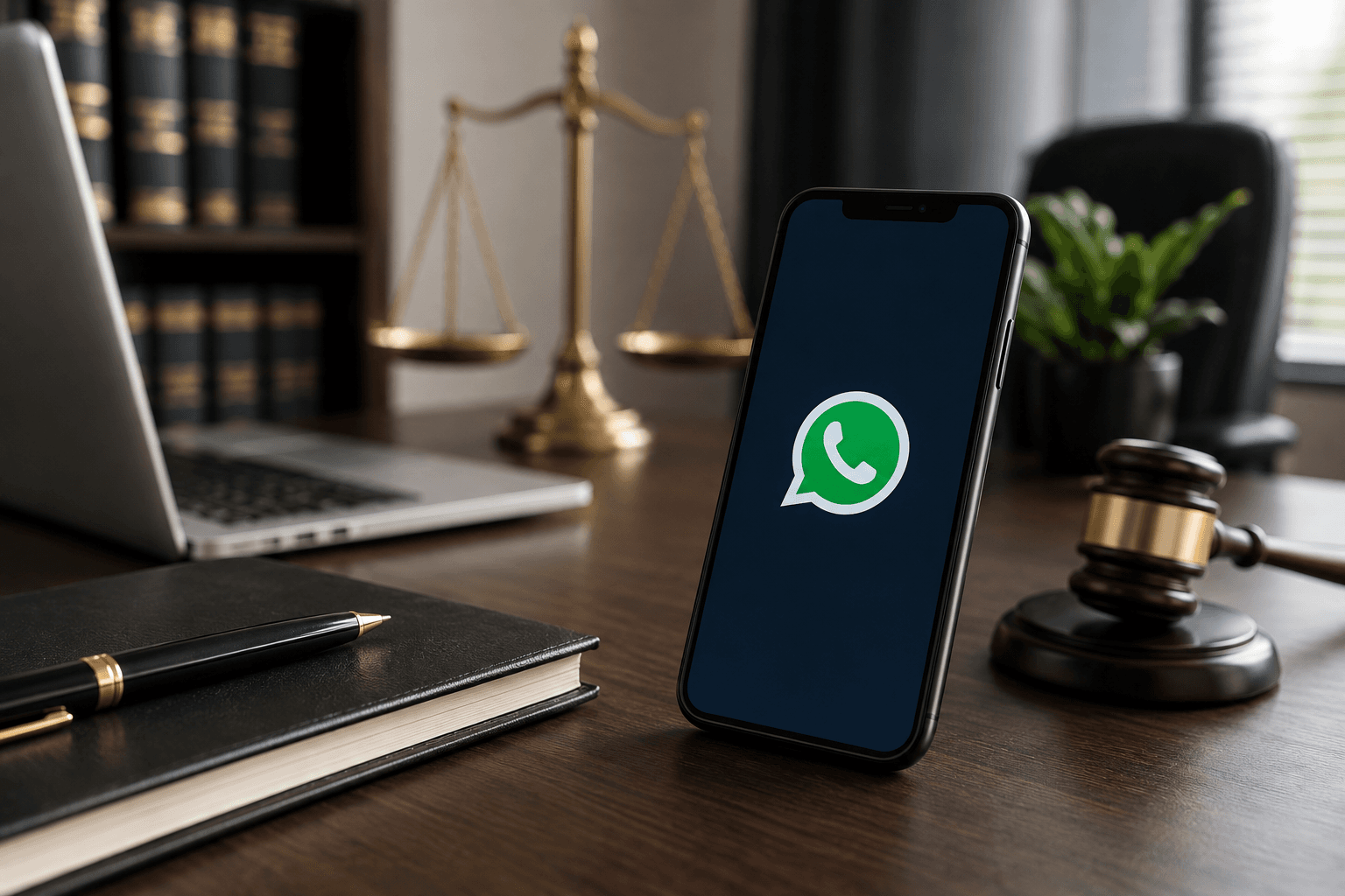 Celular exibindo o logo do WhatsApp sobre uma mesa de escritório de advocacia, com martelo de juiz, balança da justiça e livros jurídicos ao fundo