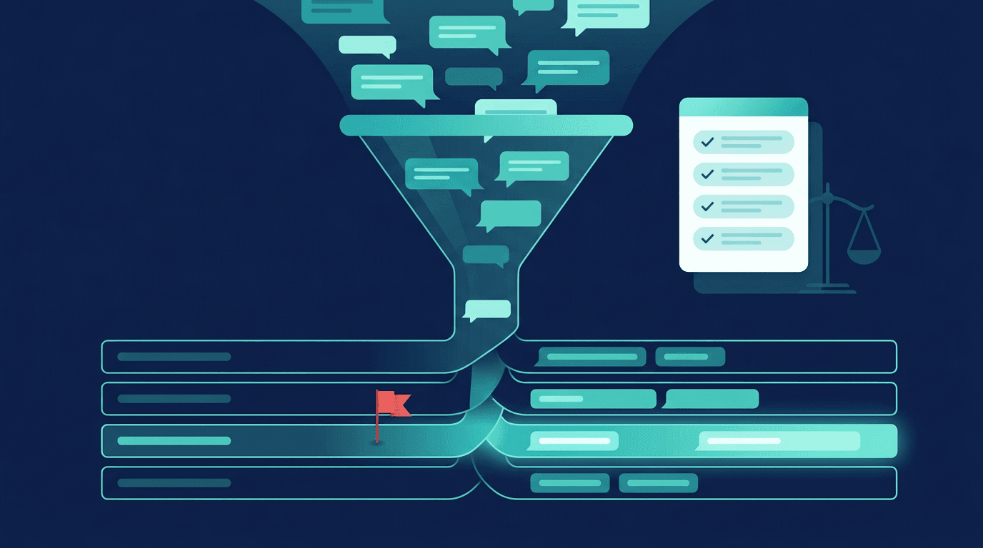 Fluxo de triagem organizando mensagens de WhatsApp em cinco categorias, com uma delas destacada como urgente, ao lado de uma balança da justiça