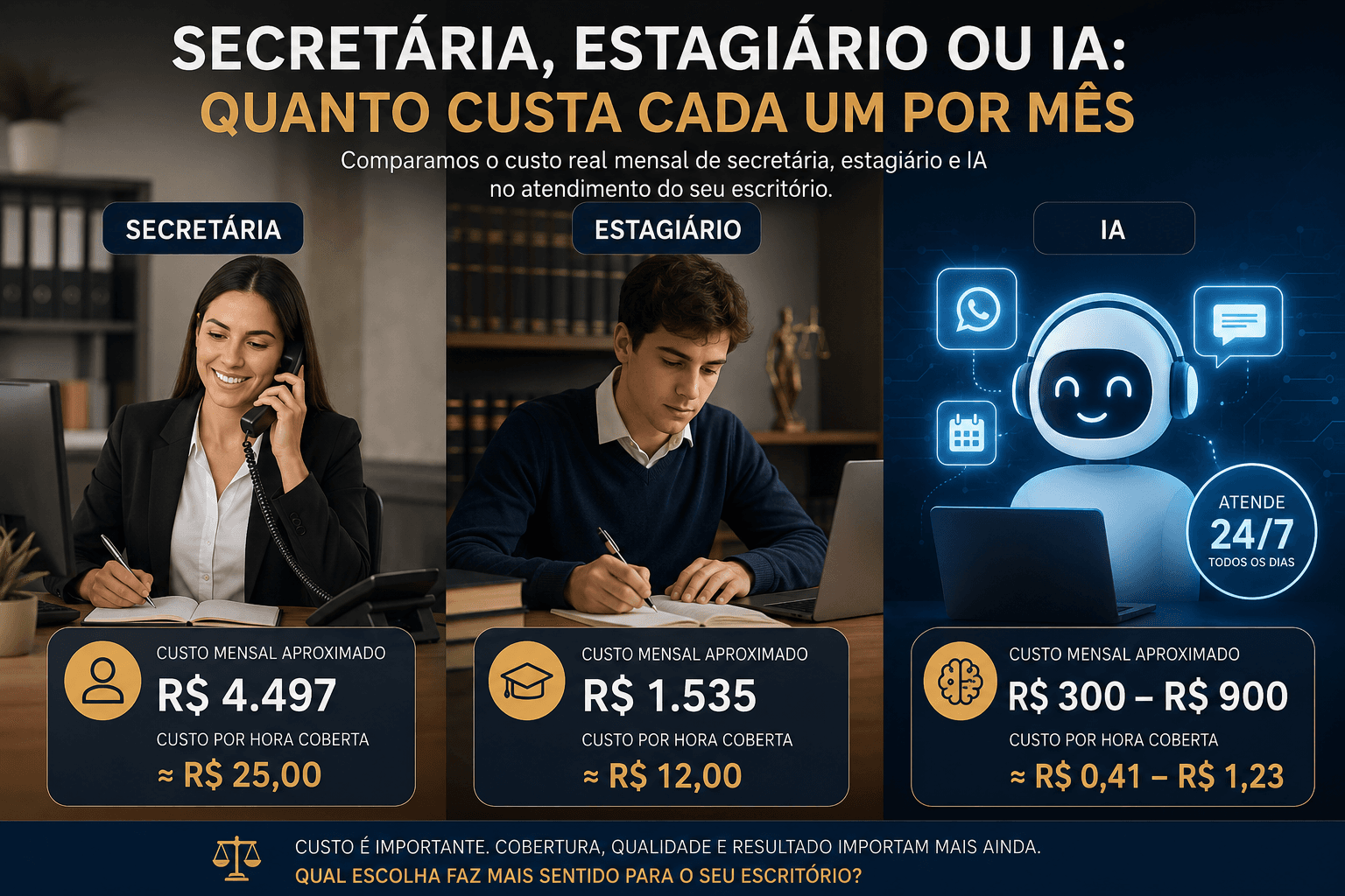 Comparação visual de custo mensal entre secretária, estagiário e agente de IA para escritórios de advocacia