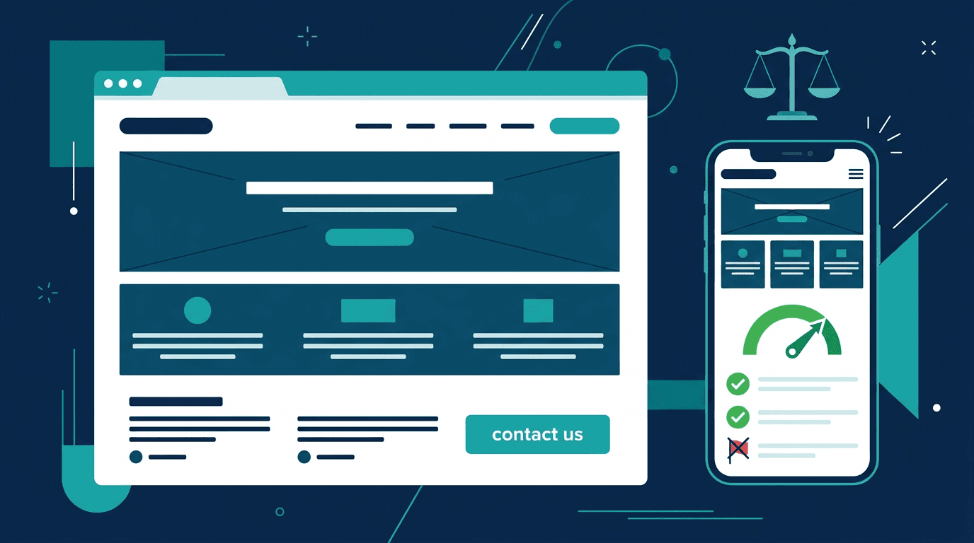 Janela de navegador com a estrutura de um site de escritório de advocacia, celular com versão responsiva e medidor de velocidade, lista de verificação e ícone da balança da justiça